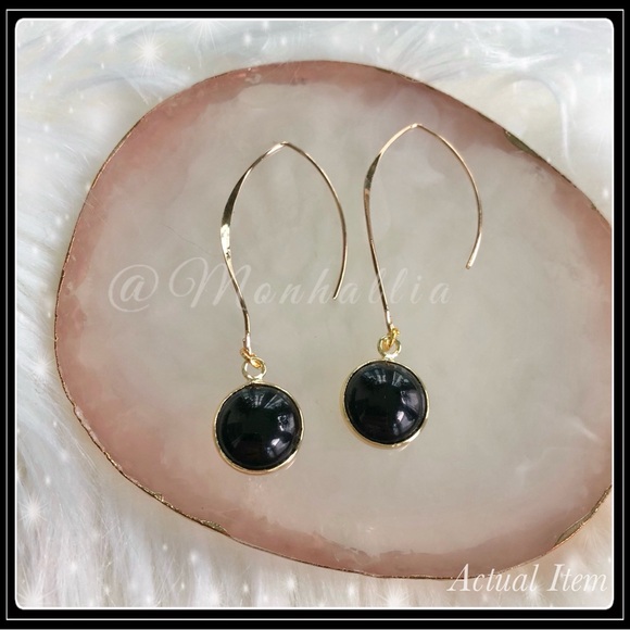 14k gold Black Onyx drop hook quartz stone bohemian  Obsidian hippie earrings - Picture 3 of 4